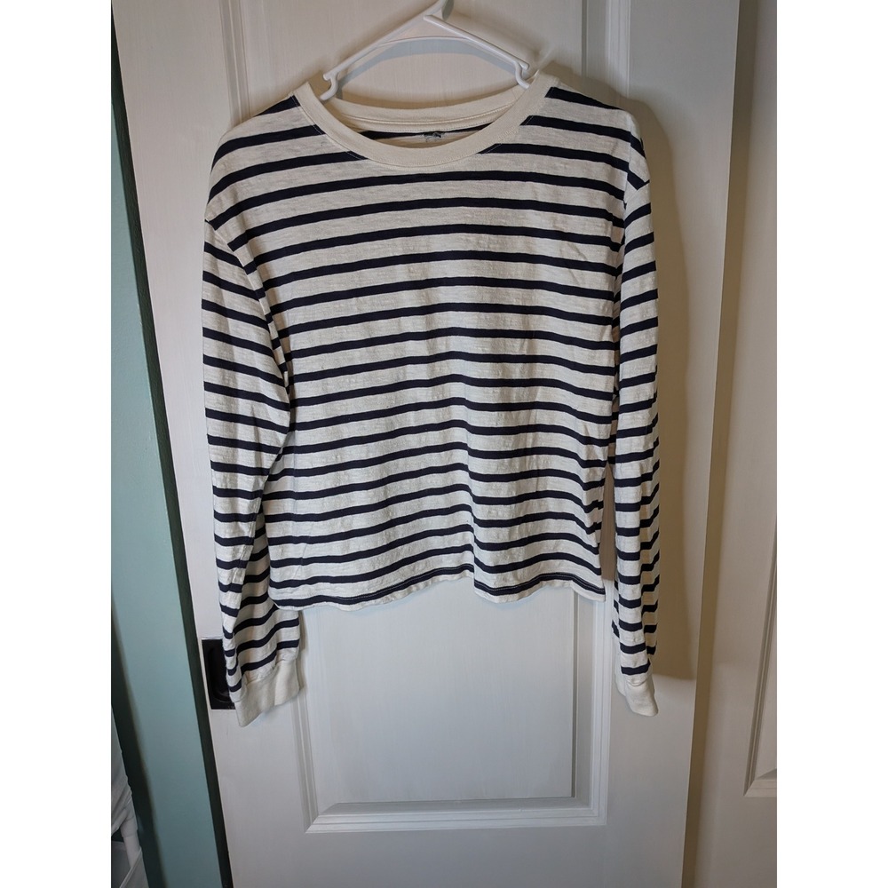 Wild Fable Navy White Striped Long Sleeve Cropped Cotton Tee Shirt RN17730